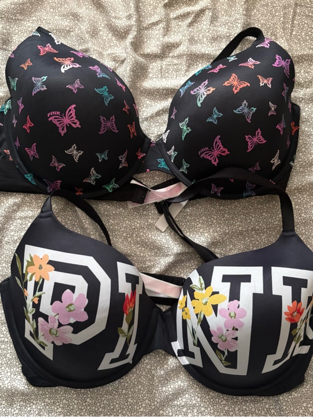 PINK Victoria's Secret Black Bras with Butterfly & Floral Prints 38DD two